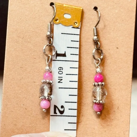 Stainless Steel Dangle Earrings w/Rutilated Quartz & Crackle Quartz - Picture 9 of 10